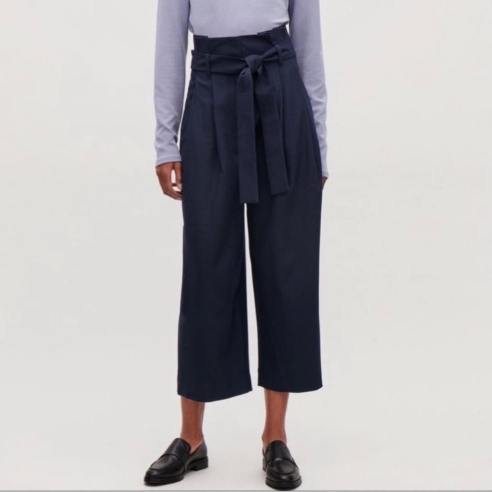 COS Belted Pants Women’s 4 Paperbag High Rise Pleated Wide Leg Culottes Black